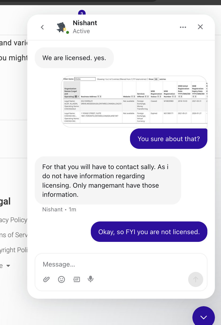 ChicksX customer-service chat transcript: the company representative writes 'We are licensed. yes.' in response to a direct question about whether they are a licensed MSB or exchange.