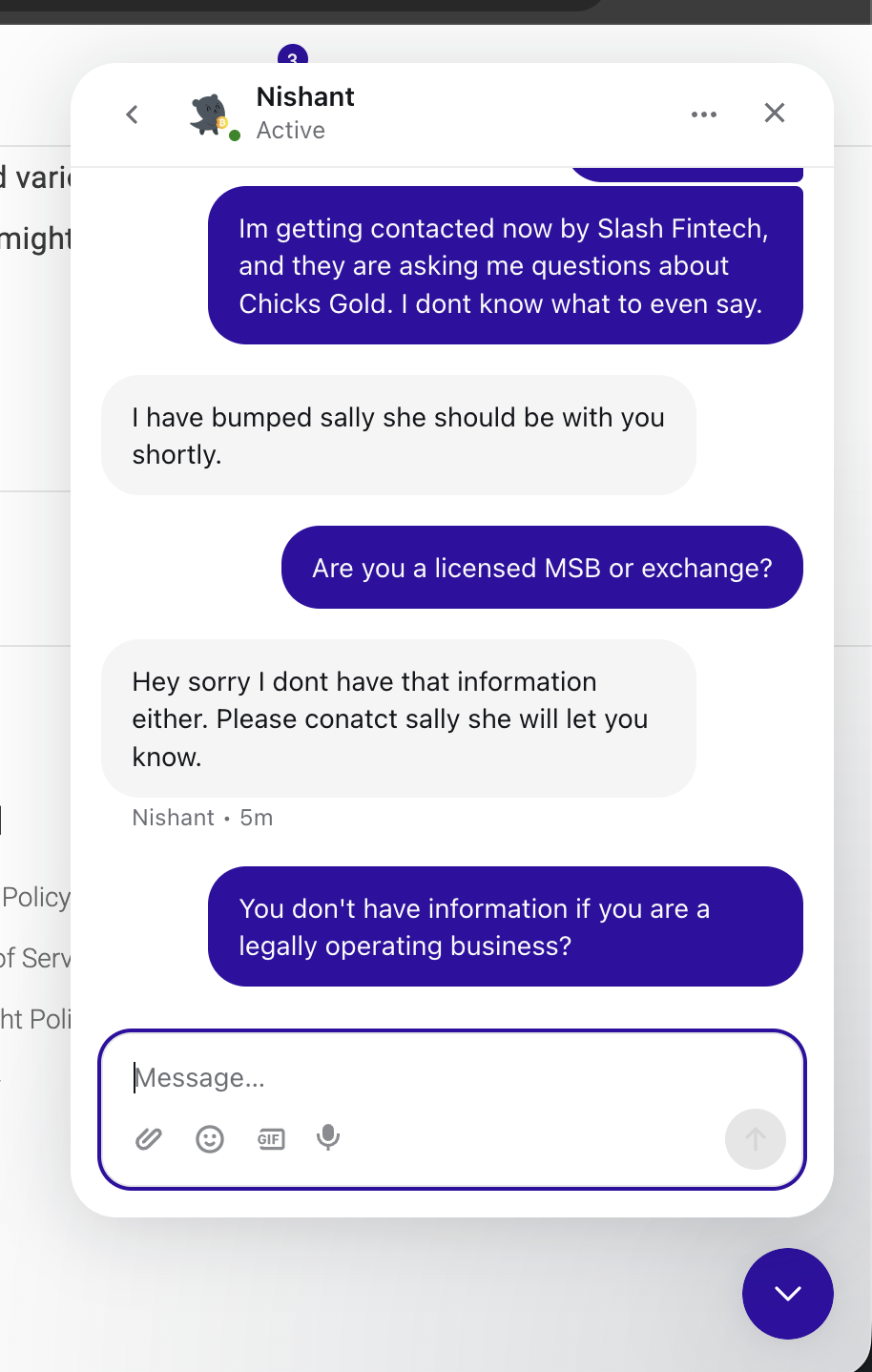 ChicksX customer-service chat transcript: after being asked to substantiate licensing, the representative writes that they do not have that information and the user should contact a manager named Sally.